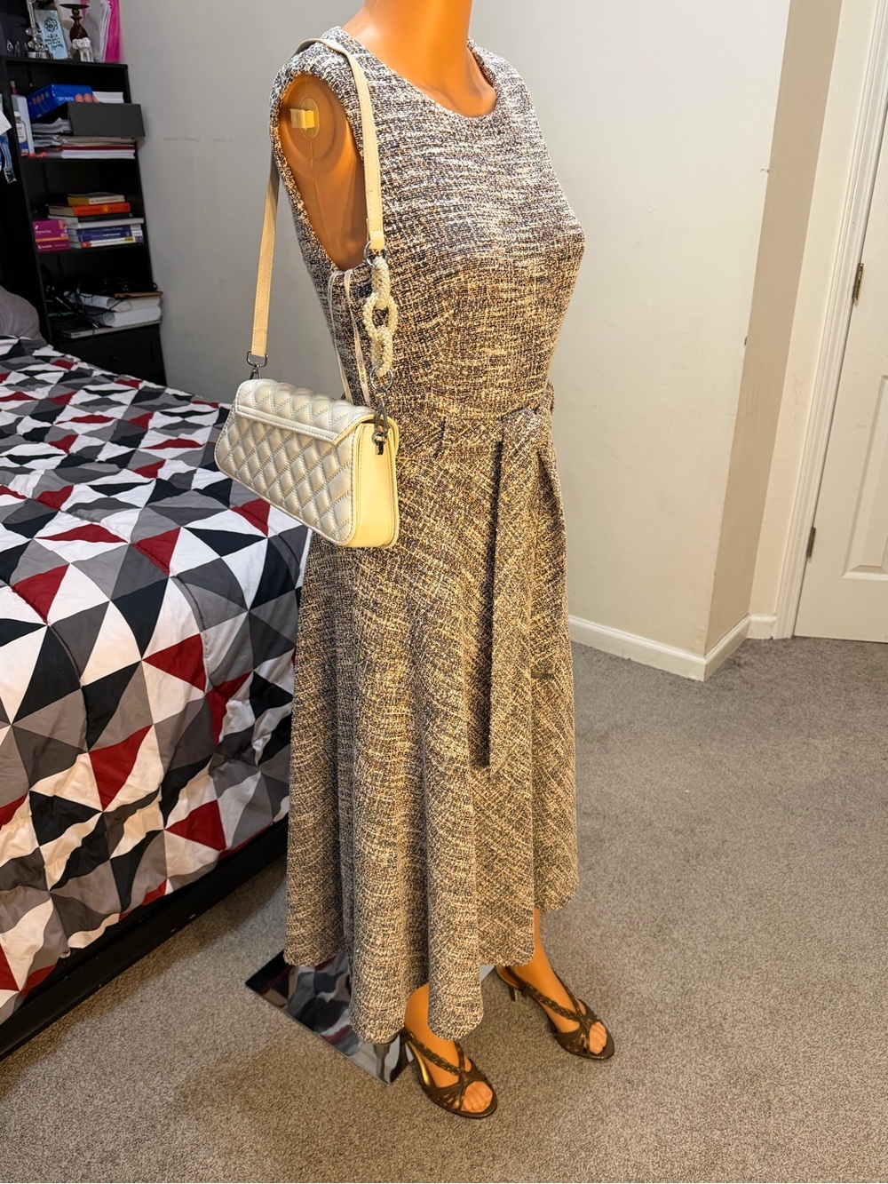 Calvin Klein Cream & Black Tweed Midi Dress-Skirt